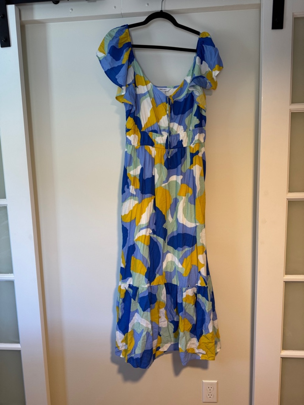 Nine West Blue, Yellow & White Maxi Dress with Ruffle Sleeves
